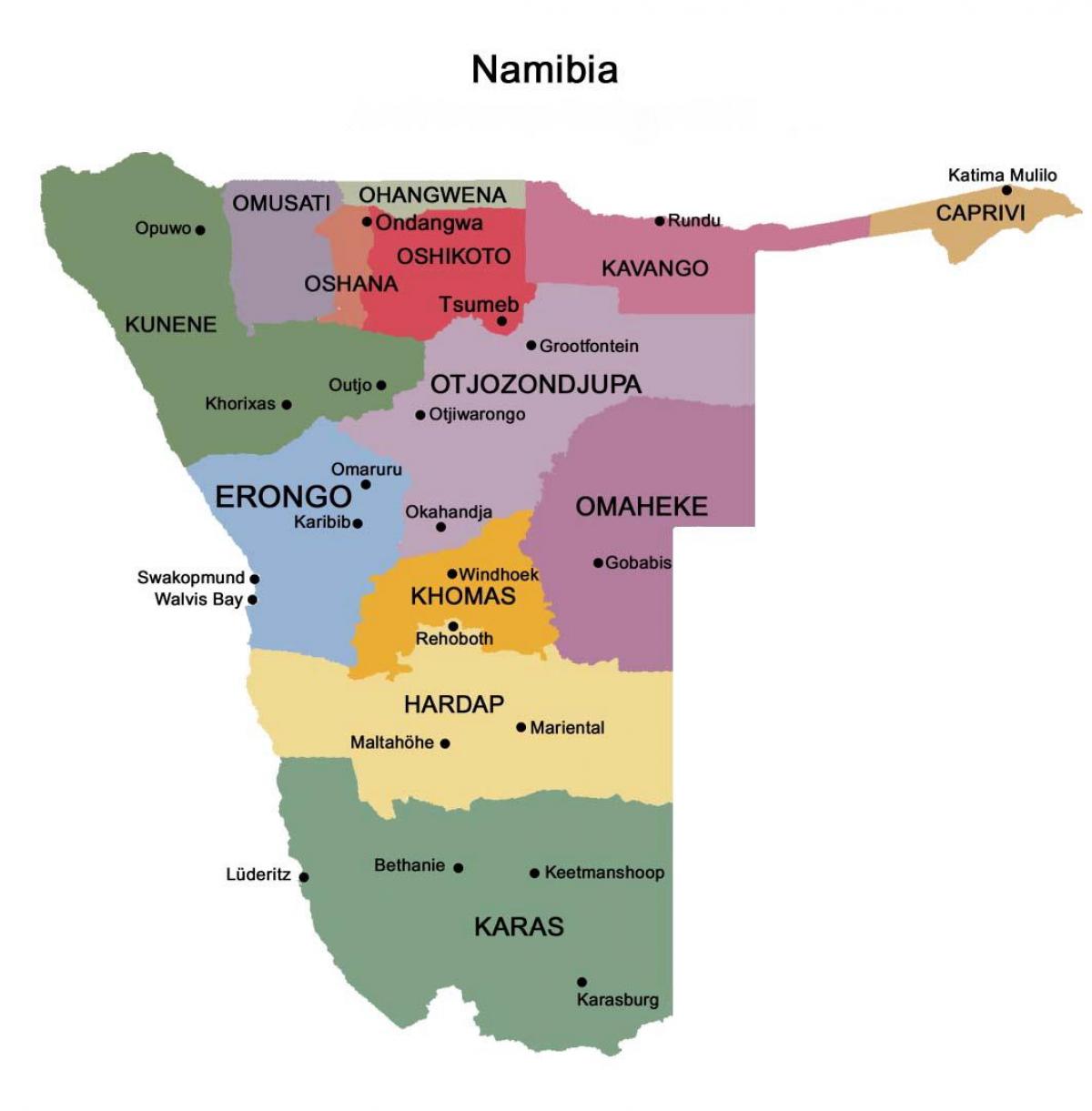 Kartta Namibian alueiden kanssa
