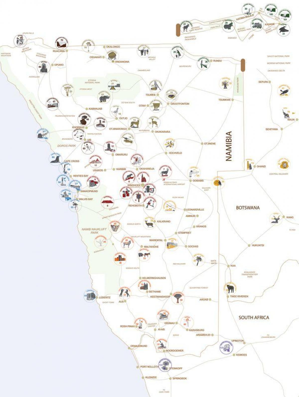 Kartta Namibian kiertueen suunnittelu