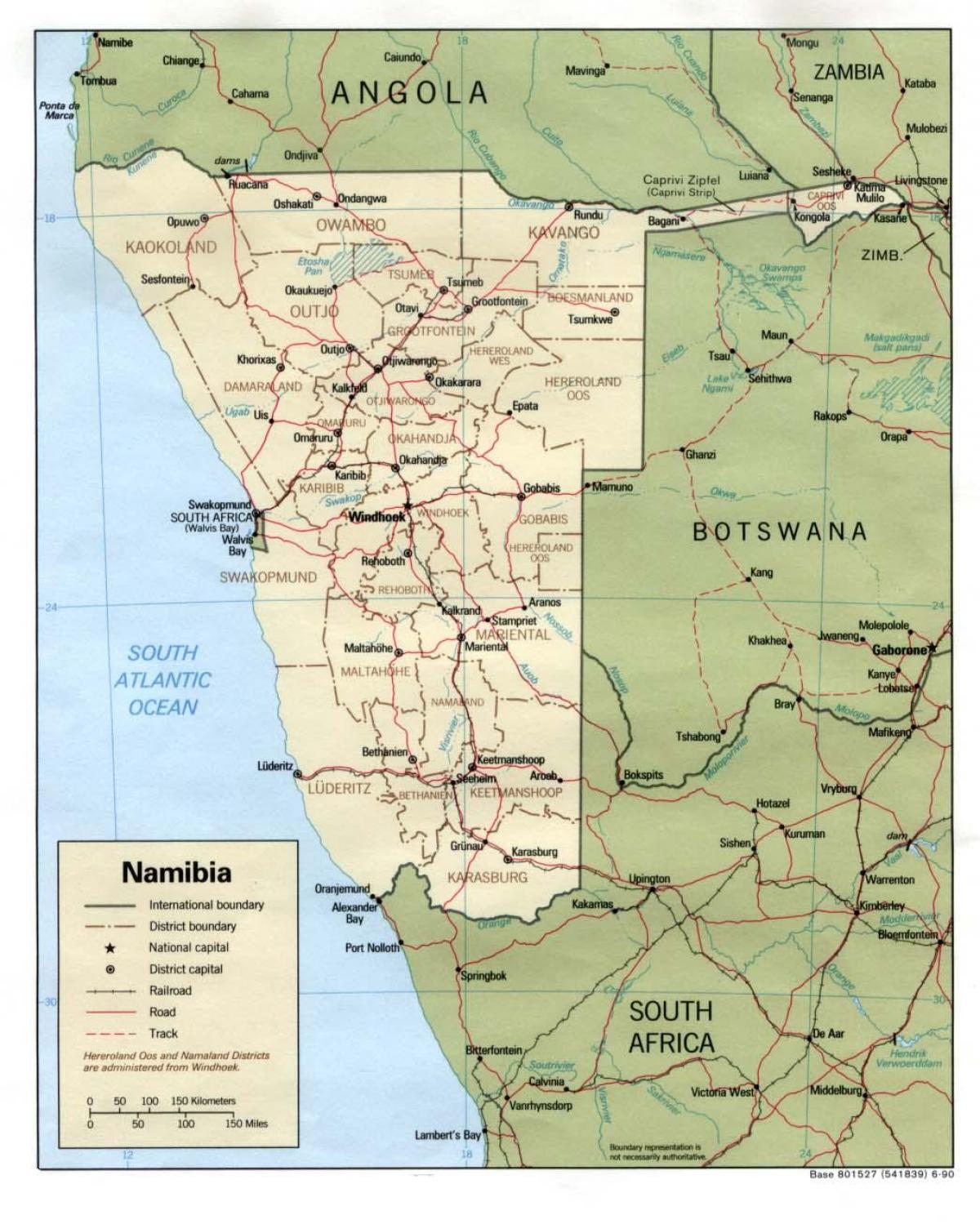 Namibian kartta, jossa kaikki kaupungit