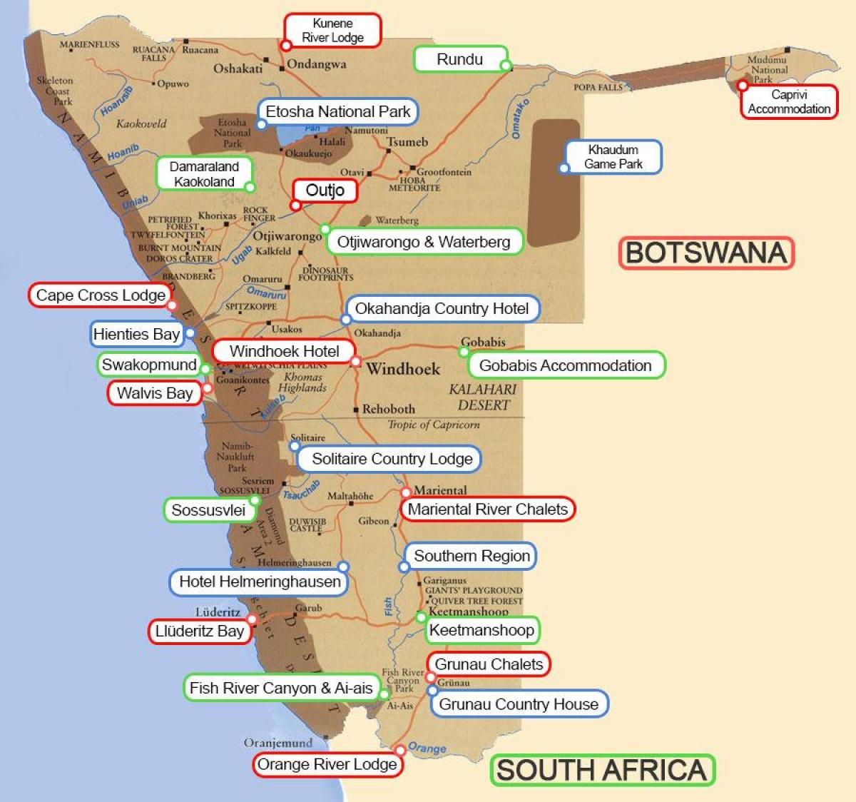 leirintäalueet Namibia kartta